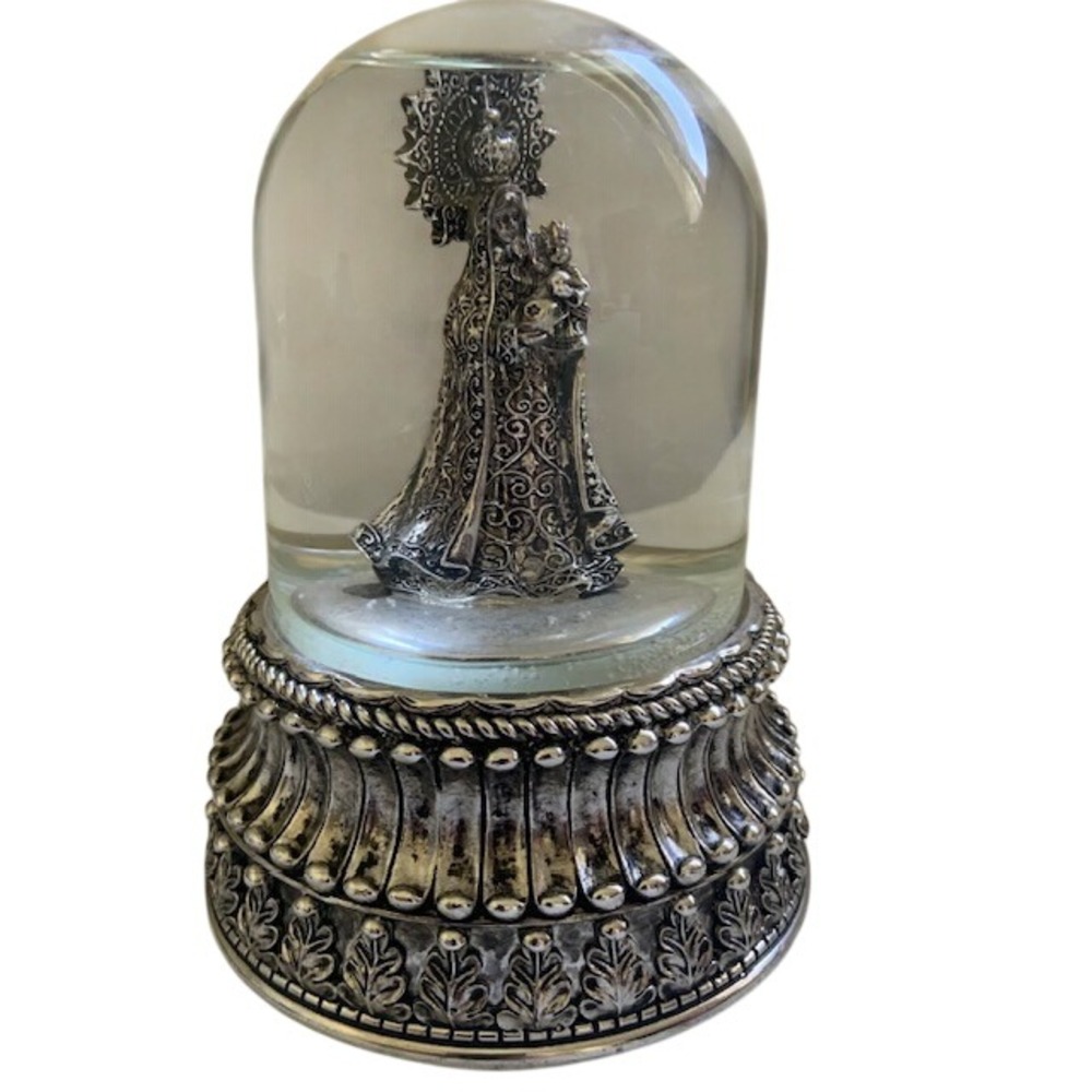 Vintage Toyo Virgin Mary Musical Snow Globe Madonna Child Silver Tone Decor